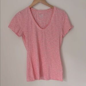 🟢 5/$25 - L.L. Bean | 100% Cotton V-neck Tee Shirt in Pink and White Stripes